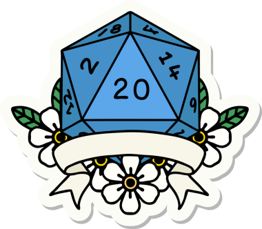 Bir insan tarafından çizilmiş 20 kritik vuruşluk D20 zar etiketi.