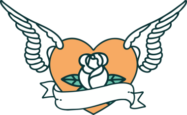 Bir insan tarafından çizilmiş çiçek ve bayrak ile uçan bir kalbin ikonik dövme görüntüsü