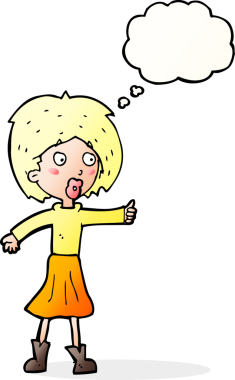 Bir insan tarafından çizilmiş düşünce baloncuğu olan çizgi film kadını.