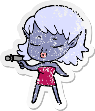 Bir insan tarafından çizilmiş ışın tabancalı güzel bir uzaylı kızın sıkıntılı çıkartması.