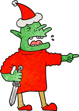 Bir insan tarafından çizilmiş Noel Baba şapkası takan, bıçaklı bir goblin çizimi.