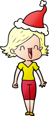 Bir insan tarafından çizilmiş Noel Baba şapkası giyen mutlu bir kadının el çizimi karikatürü.