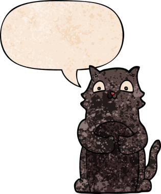 Konuşma baloncuğu olan çizgi film kedisi insan tarafından çizilmiş eski moda dokular.