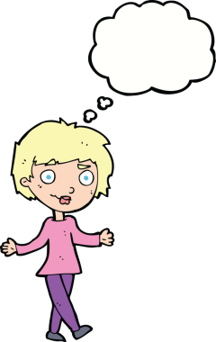 Bir insan tarafından çizilmiş düşünce baloncuğu olan kafası karışık bir kadın çizgi filmi.