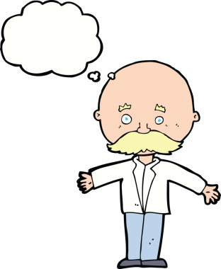 Bir insan tarafından çizilmiş düşünce baloncuğuyla açık kollu kel bir adam.