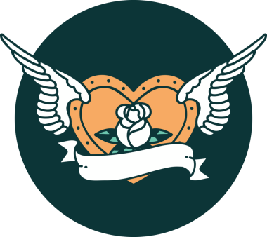 Bir insan tarafından çizilmiş çiçek ve bayrak ile uçan bir kalbin ikonik dövme görüntüsü