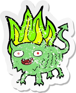 Bir insan tarafından çizilmiş küçük bir iblisin gerilmiş çıkartması.