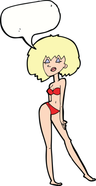 Bir insan tarafından çizilmiş konuşma balonu olan bikinili bir kadın.