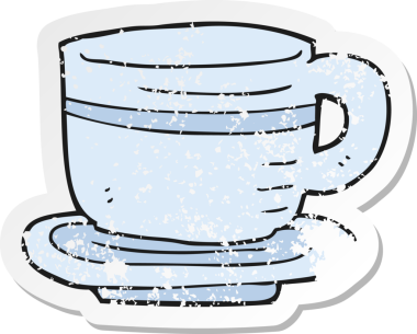 Çizgi film fincanı ve bir insan tarafından çizilmiş çay tabağı etiketi.