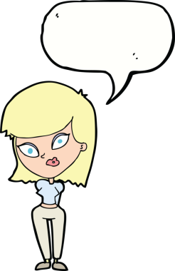 Bir insan tarafından çizilmiş konuşma balonu olan kafası karışık bir kadın çizgi filmi.