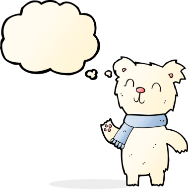 Bir insan tarafından çizilmiş düşünce baloncuklu şirin kutup ayısı yavrusu.