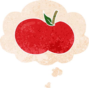 Düşünce baloncuklu çizgi film elması grunge sıkıntılı retro desenli bir insan tarafından çizilmiş