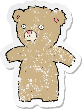 Bir insan tarafından çizilmiş sevimli bir oyuncak ayının gerilimli retro çıkartması.