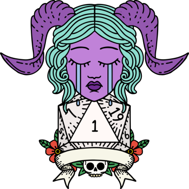 Retro Dövme Tarzı Ağlama Yüzü Doğal 1 D20 Dice ile Bir insan tarafından çizilmiş