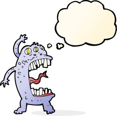 Bir insan tarafından çizilmiş düşünce baloncuğu olan çılgın bir canavar.