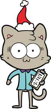 Bir insan tarafından çizilmiş Noel Baba şapkası giymiş, şaşırmış bir ofis çalışanı kedisinin el çizimi.