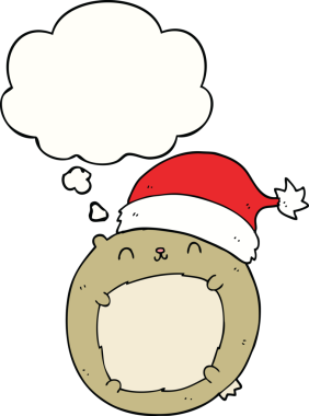 Bir insan tarafından çizilmiş düşünce baloncuğu olan şirin bir çizgi film Noel ayısı.