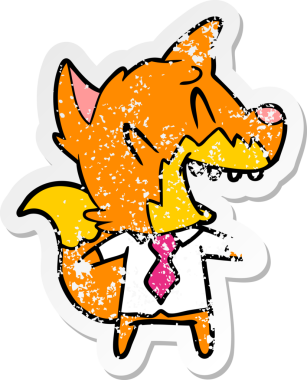 Bir insan tarafından çizilmiş gömlekli ve kravatlı gülen tilki çıkartması.