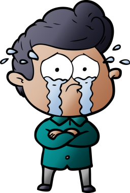 Bir insan tarafından çizilmiş kolları çaprazlanmış ağlayan bir karikatür.