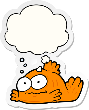 Düşünce baloncuklu karikatür balığı insan tarafından çizilmiş bir çıkartma.