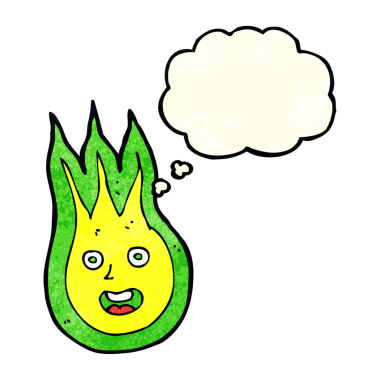 Bir insan tarafından çizilmiş düşünce baloncuklu çizgi film arkadaşı alev topu.