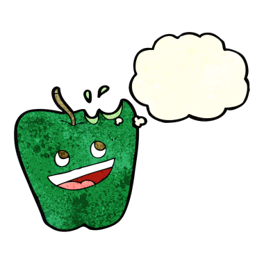 Bir insan tarafından çizilmiş düşünce baloncuklu mutlu elma çizgi filmi