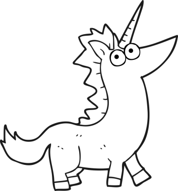 Bir insan tarafından çizilmiş siyah beyaz tek boynuzlu at.