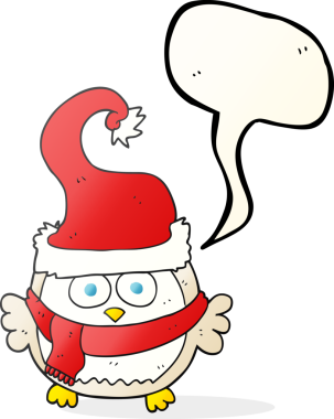 Bir insan tarafından çizilmiş noel şapkası giyen serbest konuşma balonu karikatürü baykuşu.