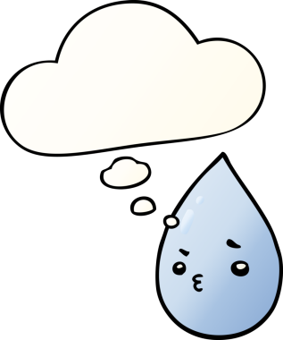 Düşünce baloncuklu tatlı yağmur damlası, bir insan tarafından çizilmiş yumuşak eğimli bir çizgi film.