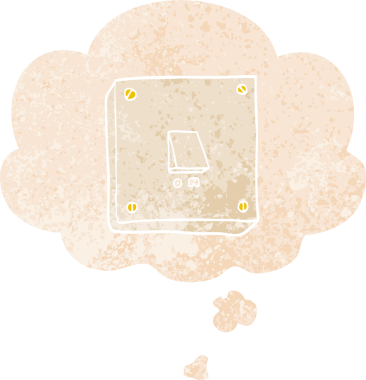 Düşünce baloncuğu ile çizgi film ışığı bir insan tarafından çizilmiş grunge sıkıntılı retro dokuma tarzı