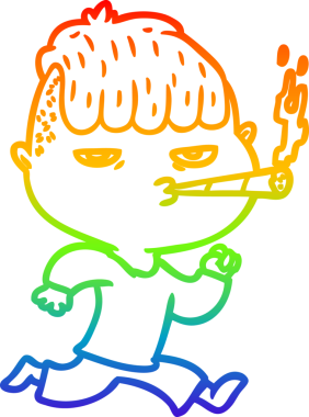 Gökkuşağı gradyan çizgi çizimi bir insan tarafından çizilirken sigara içen bir adamın çizimi