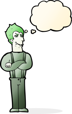 Bir insan tarafından çizilmiş düşünce baloncuğu olan bir vampir.