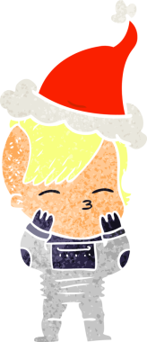 Bir insan tarafından çizilmiş fütürist kıyafetler giyen ve Noel Baba şapkası takan bir kızın el çizimi karikatürü.