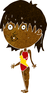 Bir insan tarafından çizilmiş mayolu bir kadın omuzlarını silkiyor.