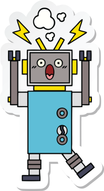 Bir insan tarafından çizilmiş arızalı sevimli bir robot karikatürü çıkartması.