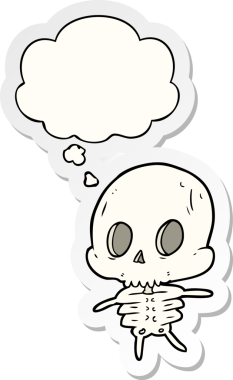 İnsan tarafından çizilmiş bir çıkartma olarak düşünce baloncuğu olan karikatür iskeleti.