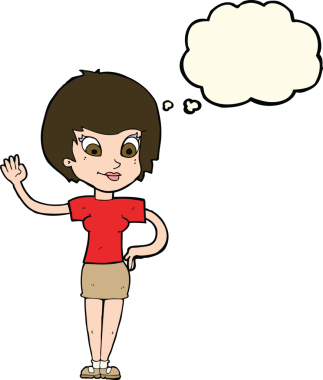 Bir insan tarafından çizilmiş düşünce baloncuğuyla el sallayan çizgi film kadını.