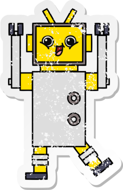 Bir insan tarafından çizilmiş sevimli bir robot çizgi film çıkartması.