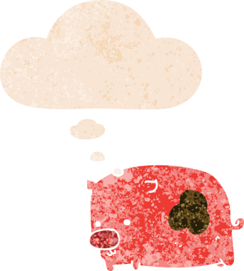 Homurdanan düşünce baloncuklu çizgi film domuzu bir insan tarafından çizilmiş dertli retro stili.