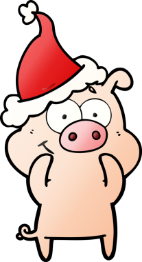 Bir insan tarafından çizilmiş Noel Baba şapkası takan bir domuzun gradyan çizimi.