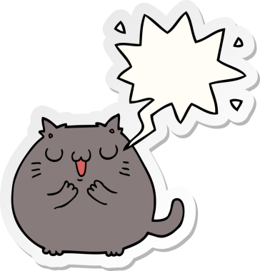 Bir insan tarafından çizilmiş baloncuk çıkartmalı mutlu çizgi film kedisi.