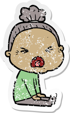 Bir insan tarafından çizilmiş kızgın yaşlı bir kadının sıkıntılı çıkartması.