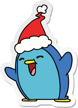 Bir insan tarafından çizilmiş kawaii pengueninin el çizimi Noel çıkartması.