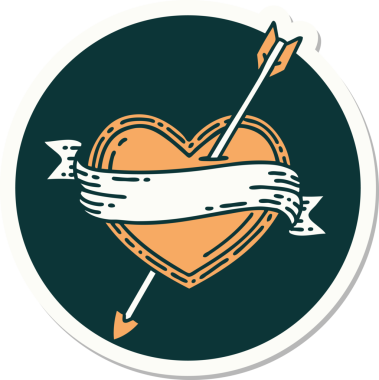 Bir insan tarafından çizilmiş ok kalp ve pankartın geleneksel stiliyle dövme çıkartması.