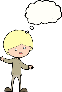 Bir insan tarafından çizilmiş düşünce baloncuğu olan mutsuz bir çocuk.