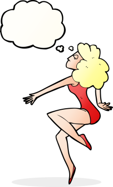 Bir insan tarafından çizilmiş düşünce balonlu çizgi film dansçısı kadın.