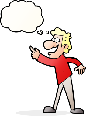 Çizgi filmci bir insan tarafından çizilmiş düşünce balonuyla gülüyor ve işaret ediyor.