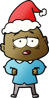 Bir insan tarafından çizilmiş Noel Baba şapkası giymiş yorgun kel bir adamın el çizimi karikatürü.