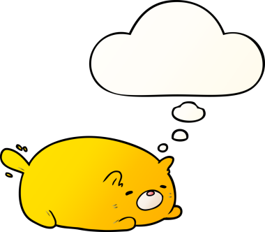 Bir insan tarafından çizilmiş yumuşak eğimli düşünce baloncuklu çizgi film kedisi.