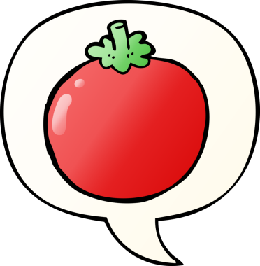 bir insan tarafından çizilmiş, konuşma baloncuklu çizgi film domatesi.